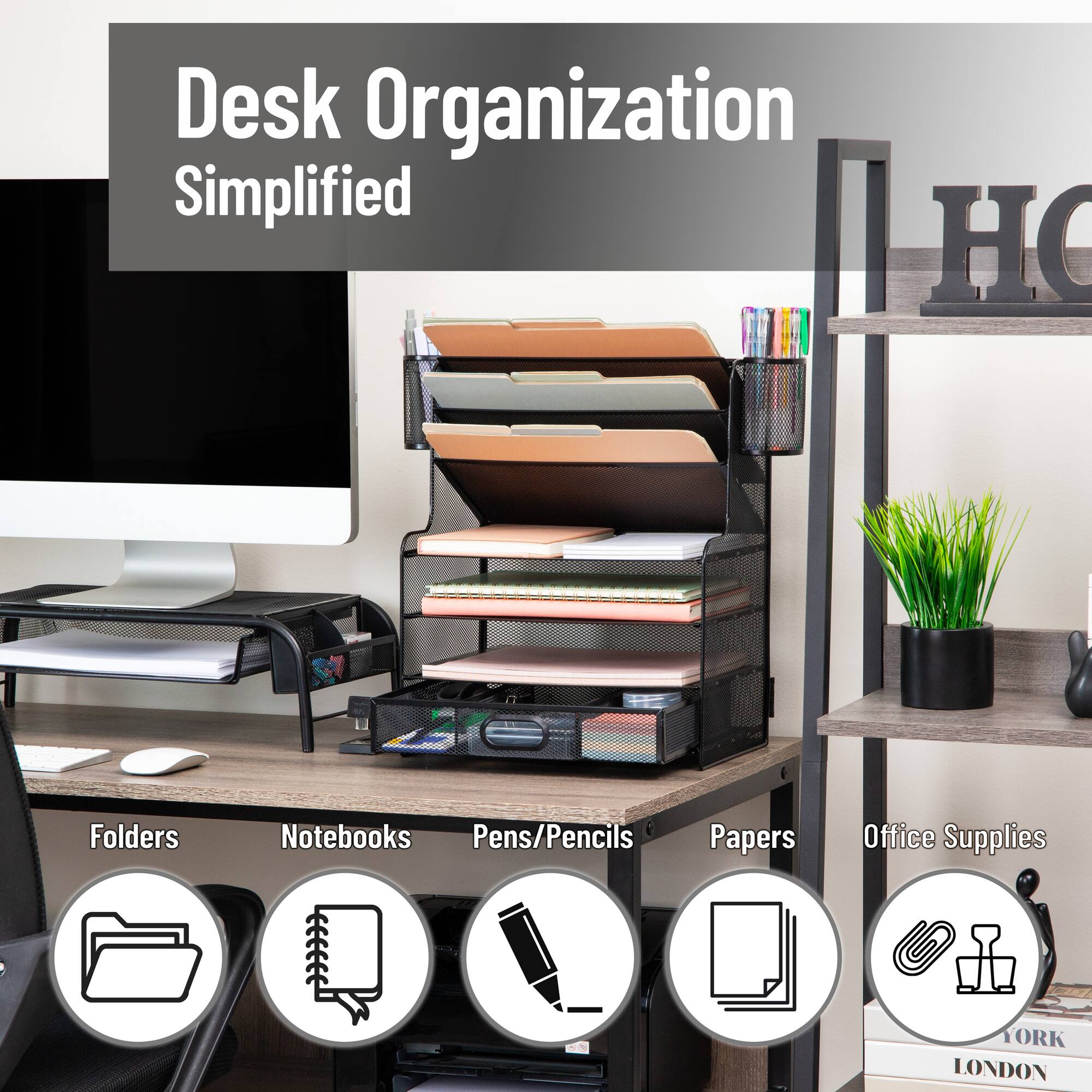 Mind Reader Mesh Desk Organizer, 6 Compartments, 1 Drawer, 2 Pen Cups, Office Desktop Organizer, Metal Mesh, Black